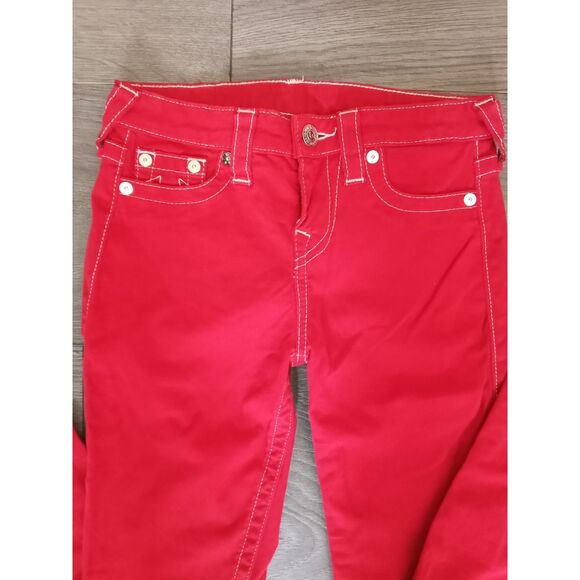 TRUE RELIGION Red Jeans Stretchy Super Skinny Low White Stitch 5 Pocket SZ 26 - Picture 3 of 11